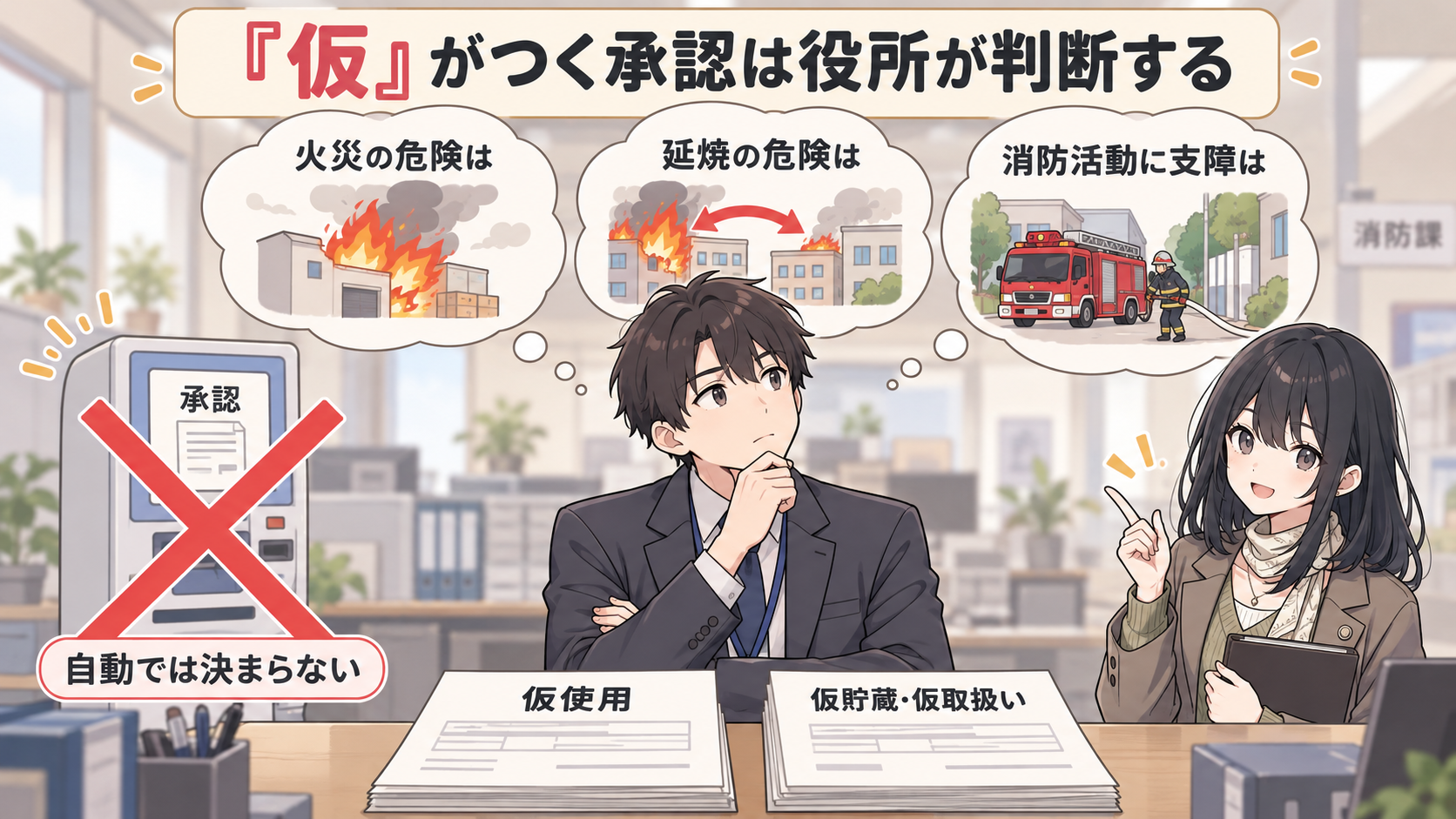 役所の職員が火災の危険・延焼の危険・消防活動の支障を考えている。自動では決まらない