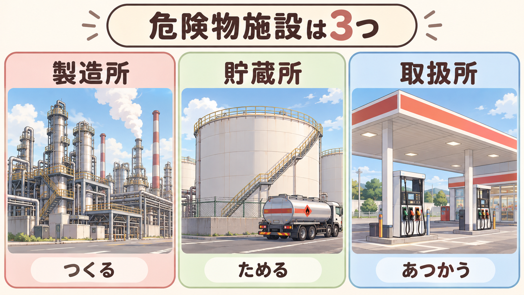 製造所はつくる、貯蔵所はためる、取扱所はあつかうの3区分