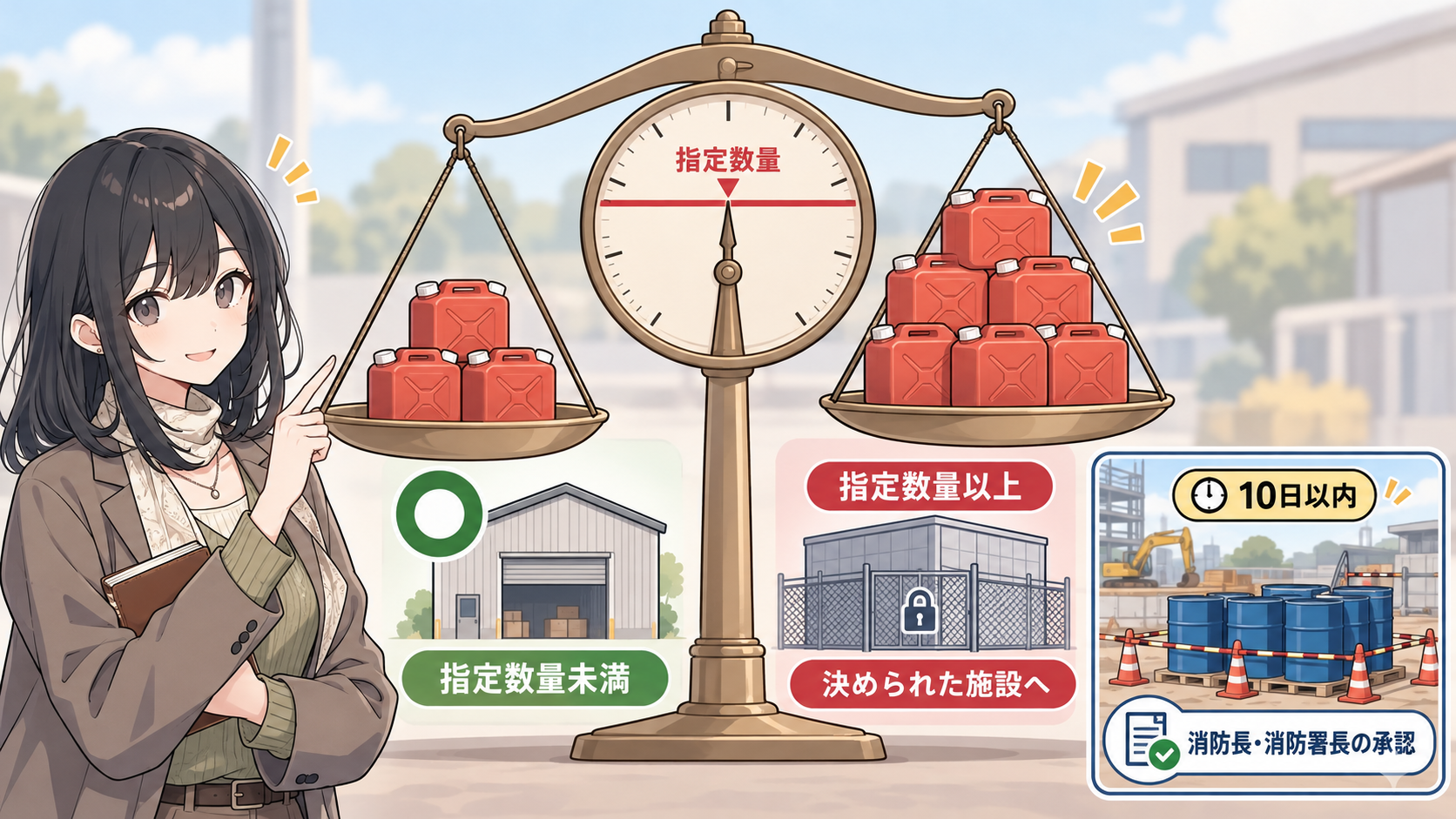 はかりの指定数量の線を境に、未満はふつうの倉庫、以上は決められた施設へ。工事現場の仮置きは10日以内