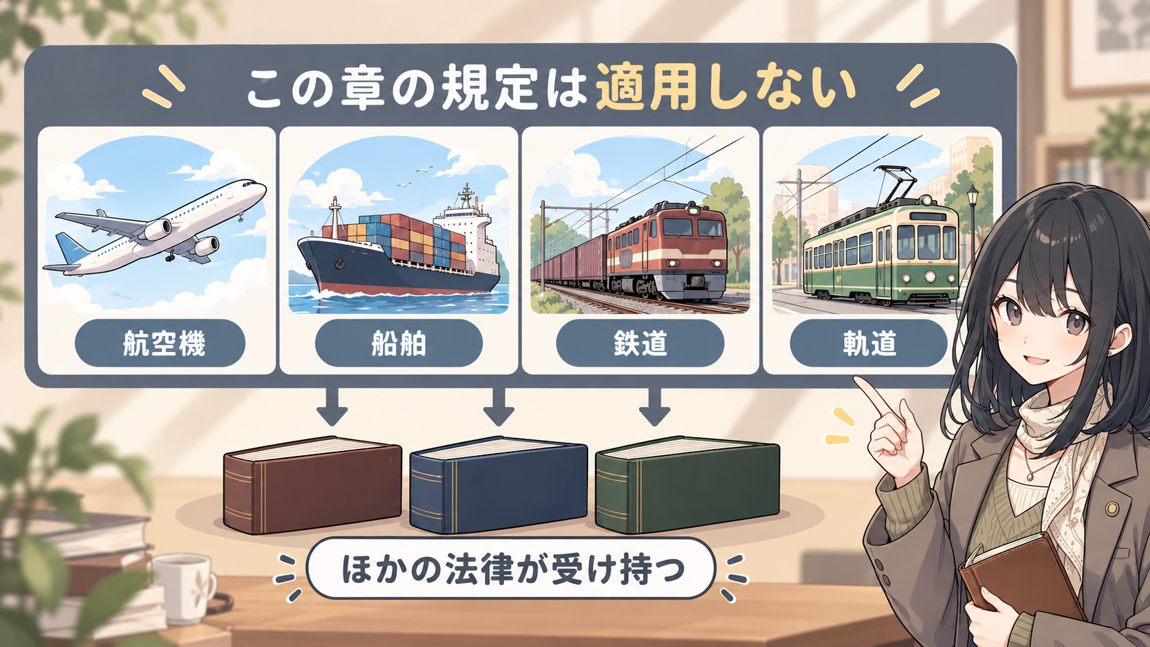 航空機・船舶・鉄道・軌道の4つにはこの章の規定は適用しない。ほかの法律が受け持つ