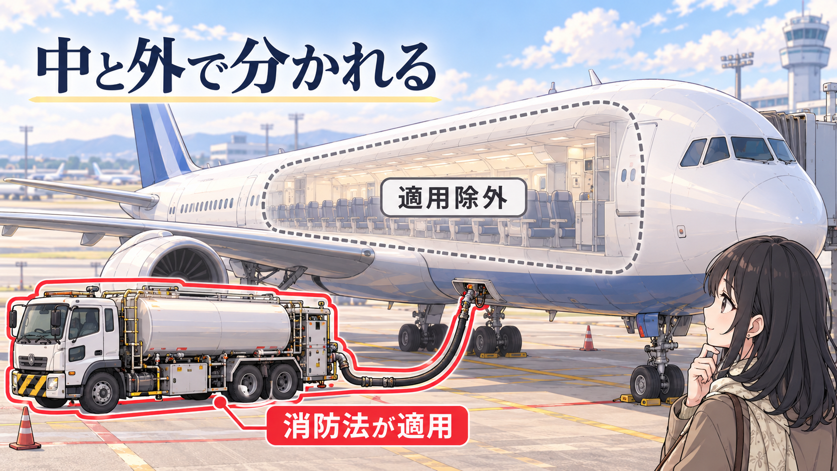 飛行機の機内は点線で囲まれ適用除外、外の給油車とホースは赤い線で囲まれ消防法が適用