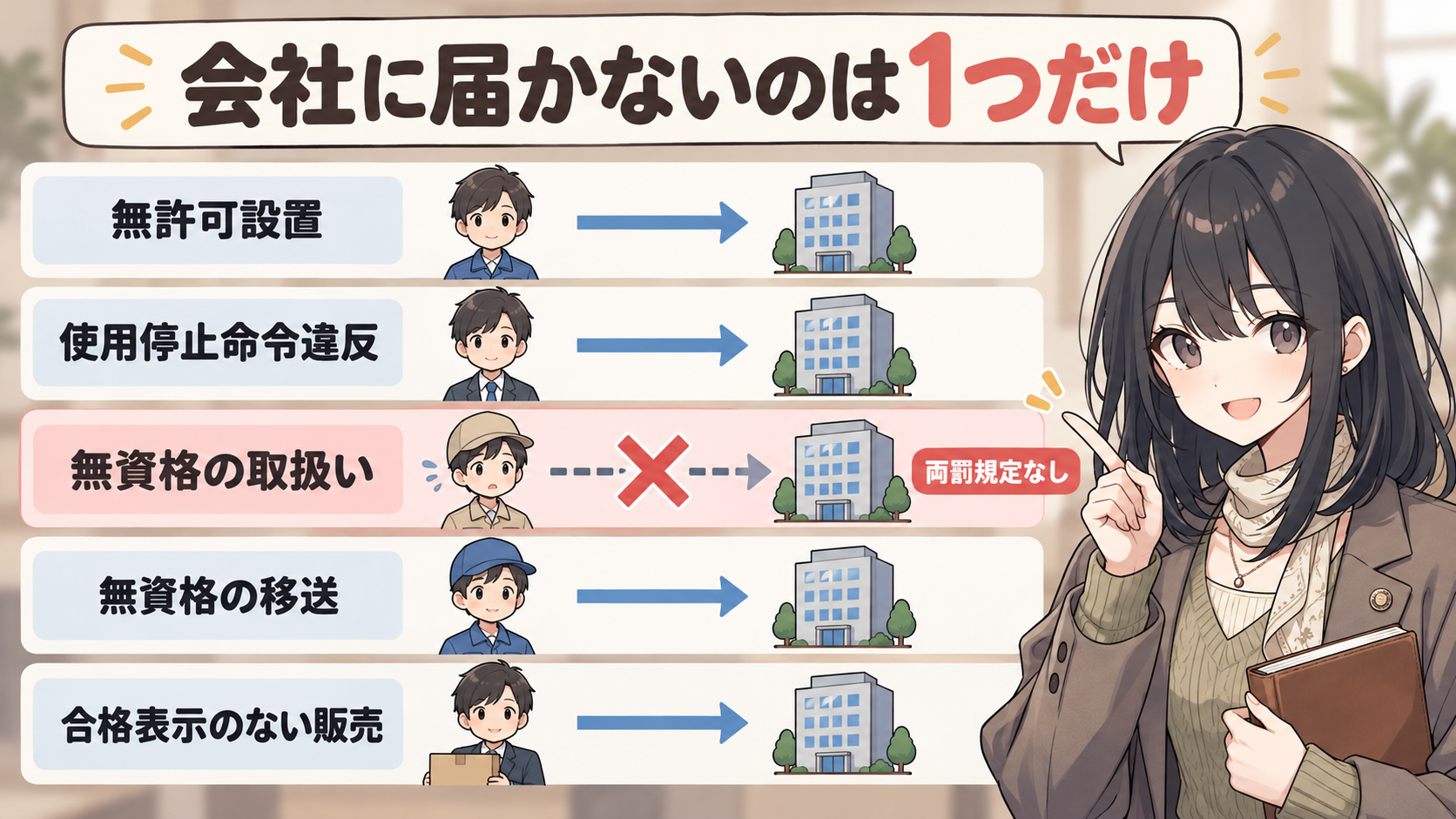 5つの違反のうち無資格の取扱いだけ、会社へ向かう矢印が途中で切れている