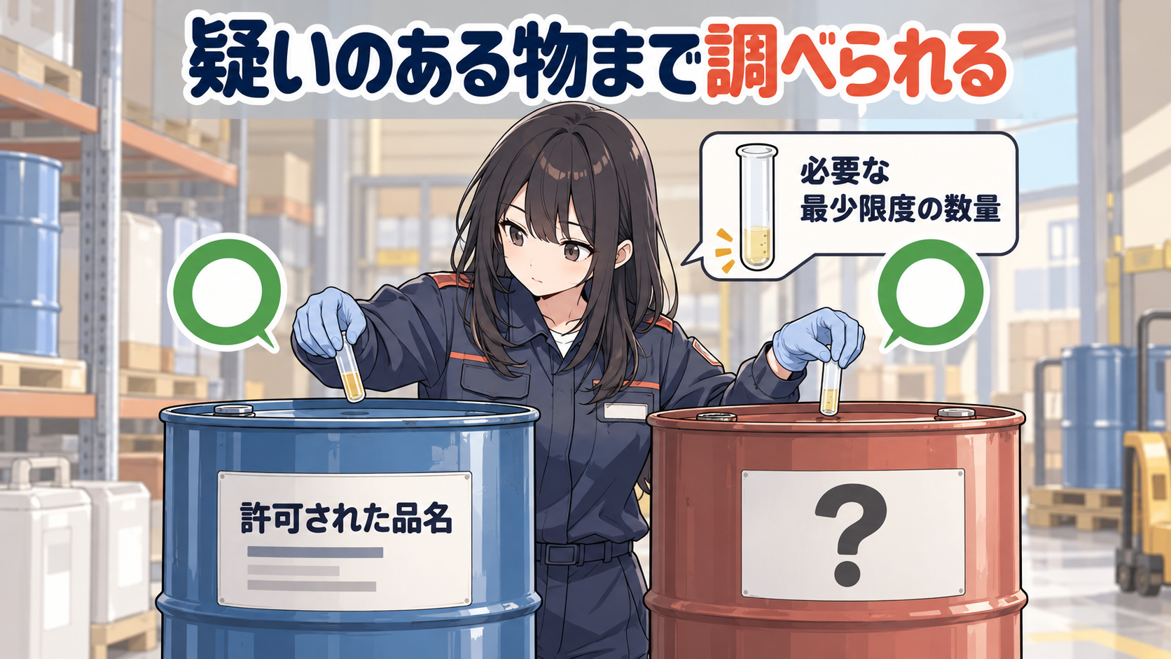許可された品名のドラム缶と、ラベルのない？のドラム缶の両方から試験管に少量を採る。どちらもマル