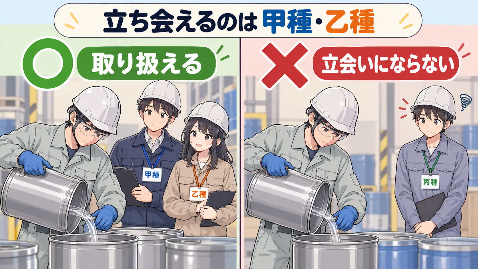 甲種と乙種が立ち会えば取り扱えるがマル、丙種だけでは立会いにならずバツ