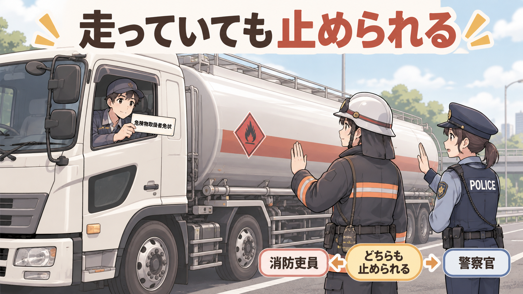 停車したタンクローリーの運転手が免状を提示。外には消防吏員と警察官が並んで立っている